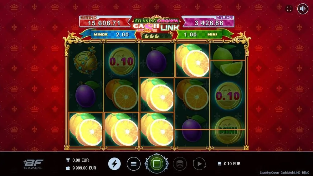 Gewinnrunde von Stunning Cash Cash Mesh LINK mit leuchtenden Orangen und mehreren goldenen Münzsymbolen samt MINI-Marke