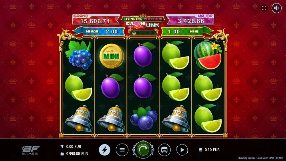 Bonus-Ansicht von Stunning Cash Cash Mesh LINK mit einer goldenen MINI-Münze zwischen Trauben, Limetten und Glockensymbolen