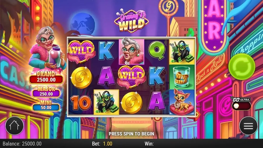 Basisspiel von Granny’s Wild: Neon-Vegas-Kulisse mit Oma-Figur, pinken Wild-Herzen, Geldkoffer und Chihuahua-Symbol, links eine dreistufige Jackpot-Leiste