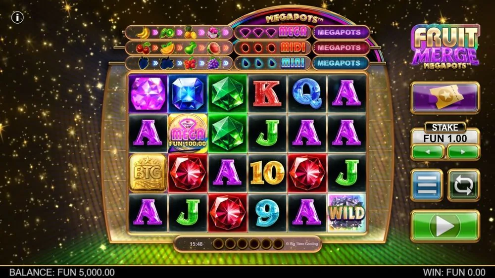 Basisspiel von Fruit Merge Megapots: Edelstein-Raster mit drei Megapots-Jackpotleisten, MEGA-Bargeldsymbol über FUN 100,00, BTG-Symbol und Wild