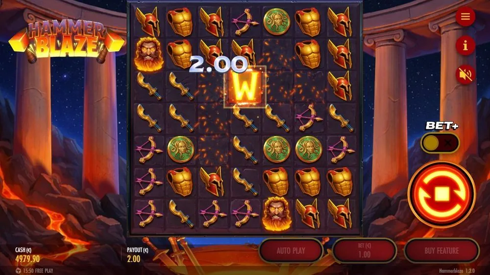 Gewinnmoment in Hammerblaze: ein Wild-Symbol in der Mitte, angezeigter Gewinn 2,00 Euro