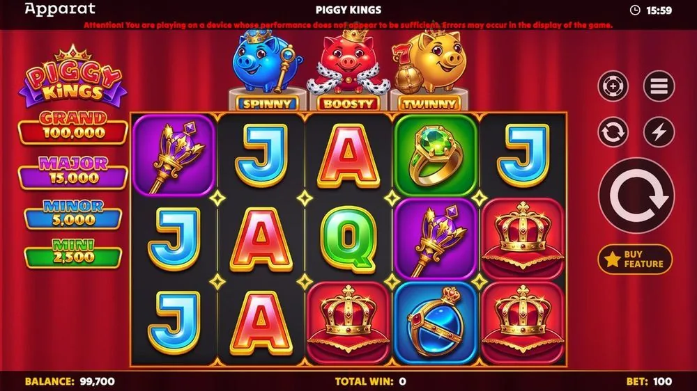Basisspiel von Piggy Kings: 5-Walzen-Raster mit Kartensymbolen, Zepter und Ring, drei Königsschweinen oben und Jackpot-Leiter links