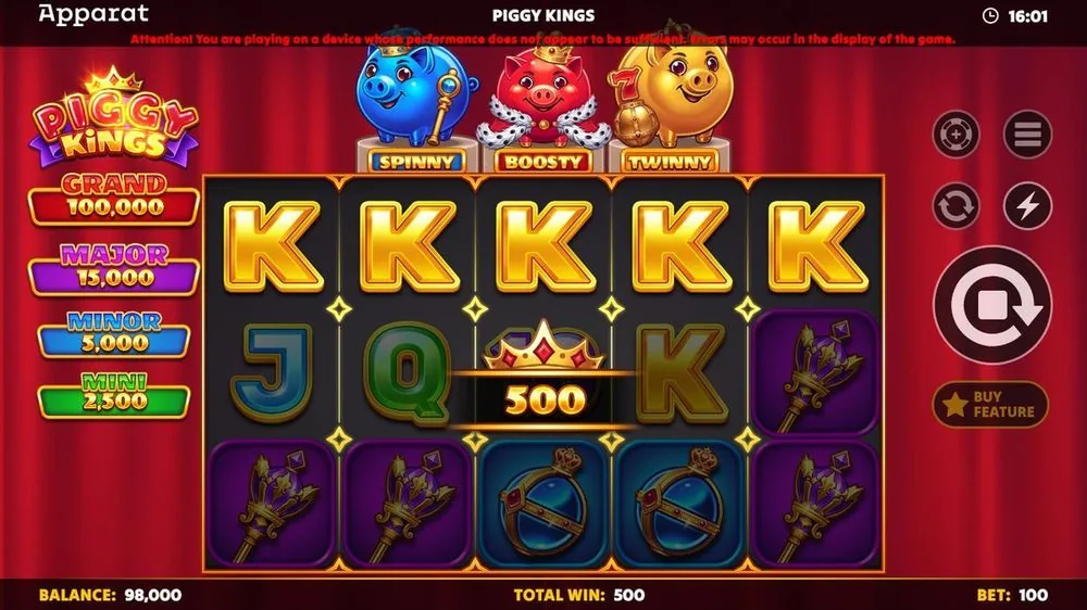 Piggy Kings: fünf goldene K-Symbole in einer Reihe mit 500er-Gewinnanzeige