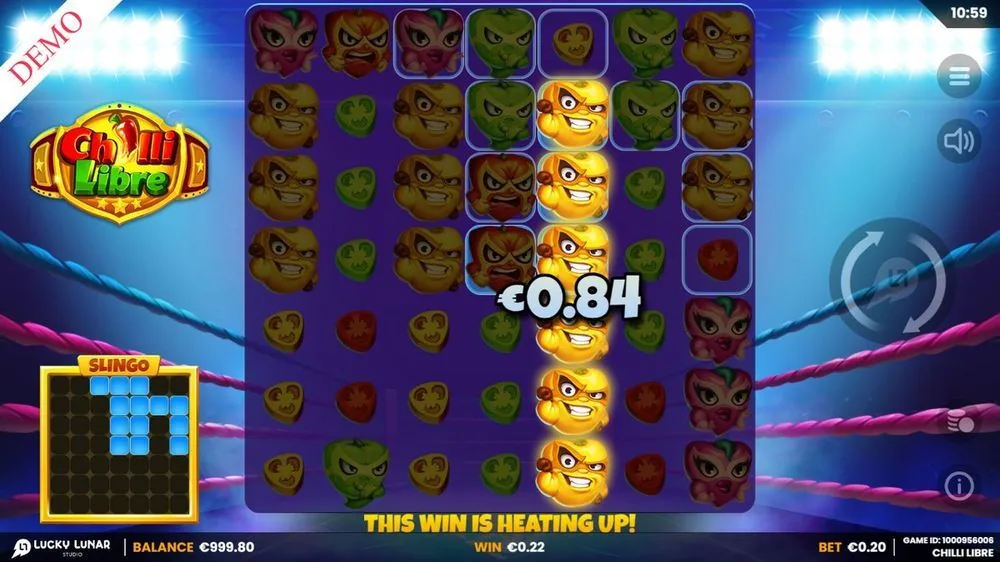 Chilli Libre Gewinn: 0,84-Euro-Popup mit Hinweis This Win Is Heating Up, teilweise gefülltes Slingo-Gitter