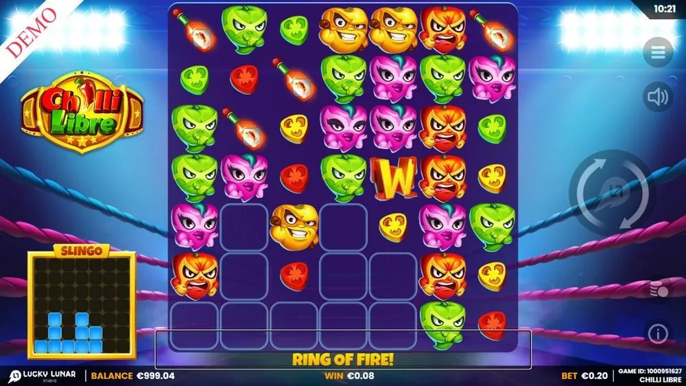 Chilli Libre Ring-of-Fire-Feature: fallende brennende Chili-Flaschen, W-Wild-Symbol und Ring-of-Fire-Leiste am unteren Rand