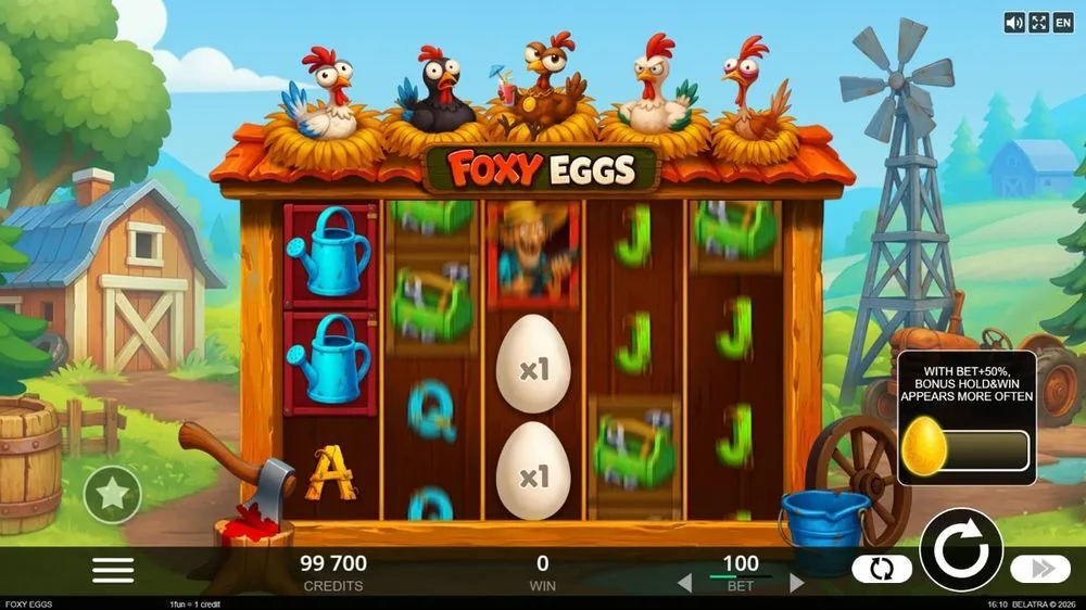 Basisspiel von Foxy Eggs: Bauernhof-Walzen mit Hühnern in Nestern, Gießkannen, Farmer-Symbol und Eiern mit x1-Multiplikator