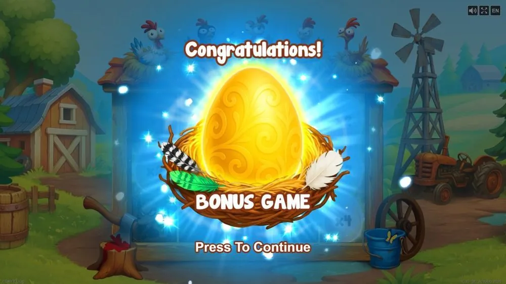 Foxy Eggs Bonus-Auslöser: großes goldenes Ei im Nest mit Congratulations- und Bonus-Game-Schriftzug