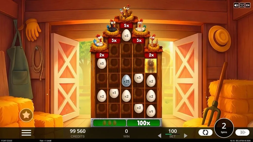 Foxy Eggs Hold-and-Win-Bonusrunde in der Scheune: Eier mit Multiplikatoren x1 bis x25, Hühner-Multiplikatoren 2x/3x/5x und 100x-Sammelleiste unten