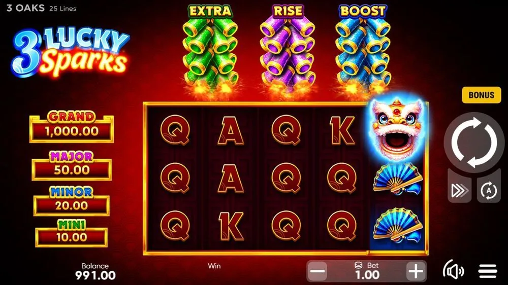 Basisspiel von 3 Lucky Sparks: 25-Linien-Raster mit Q/A/K/10, Löwenkopf-Symbol, blauen Fächern und der Jackpot-Leiter Grand/Major/Minor/Mini