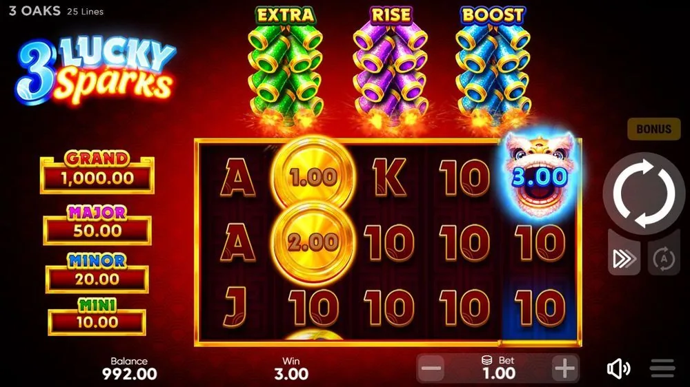Gewinnrunde von 3 Lucky Sparks: goldene Münzen zeigen 1,00 und 2,00, Löwenkopf zeigt 3,00, Gewinn 3,00 Euro