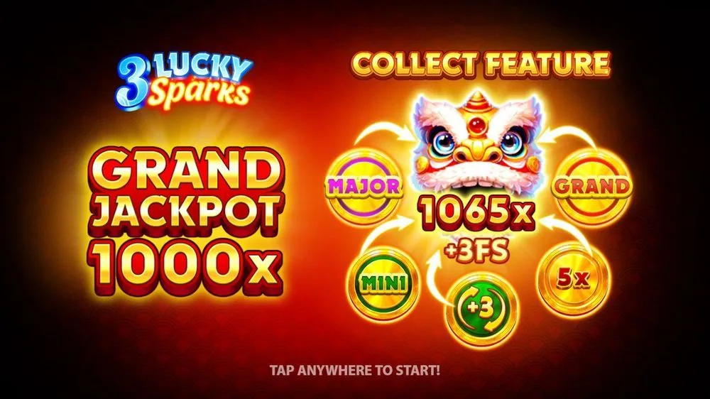 Collect-Feature-Intro von 3 Lucky Sparks: Grand Jackpot 1000x, Löwenkopf mit 1065x plus 3 Freispielen, umgeben von Jackpot- und Sonder-Münzen