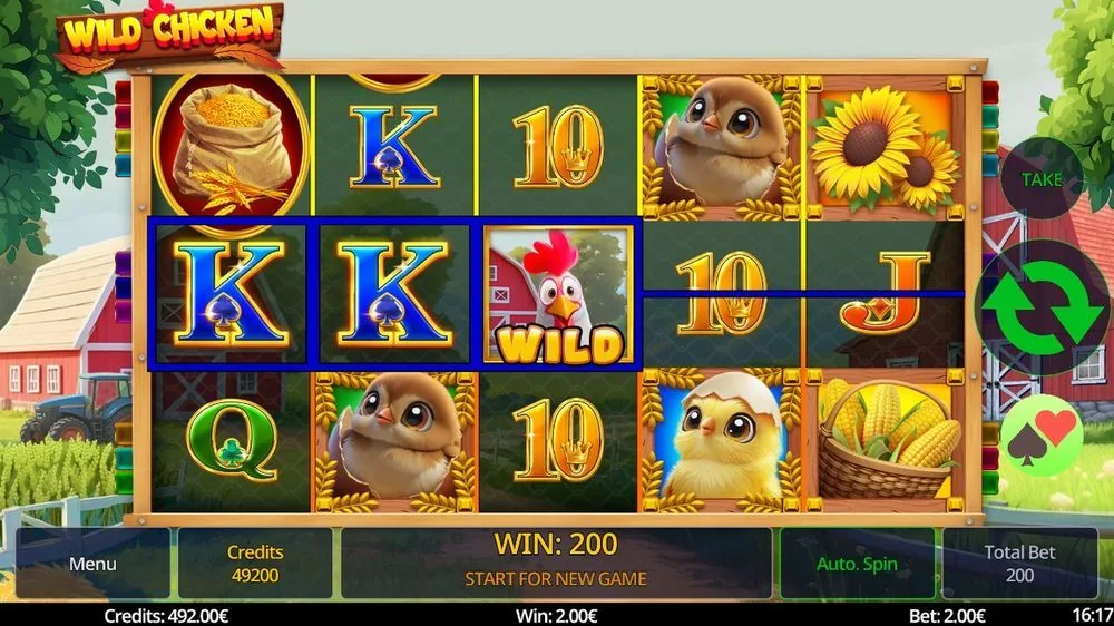 Gewinnrunde von Wild Chicken: blau markierte Linie mit zwei Königen und Hahn-Wild, Gewinnanzeige WIN 200, Gamble-Knöpfe rechts