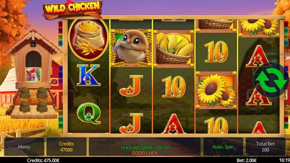 Freispielrunde von Wild Chicken: Feature Game 1 of 10, Herbst-Sonnenuntergang, Hühnerstall links, Küken- und Maiskorb-Symbole