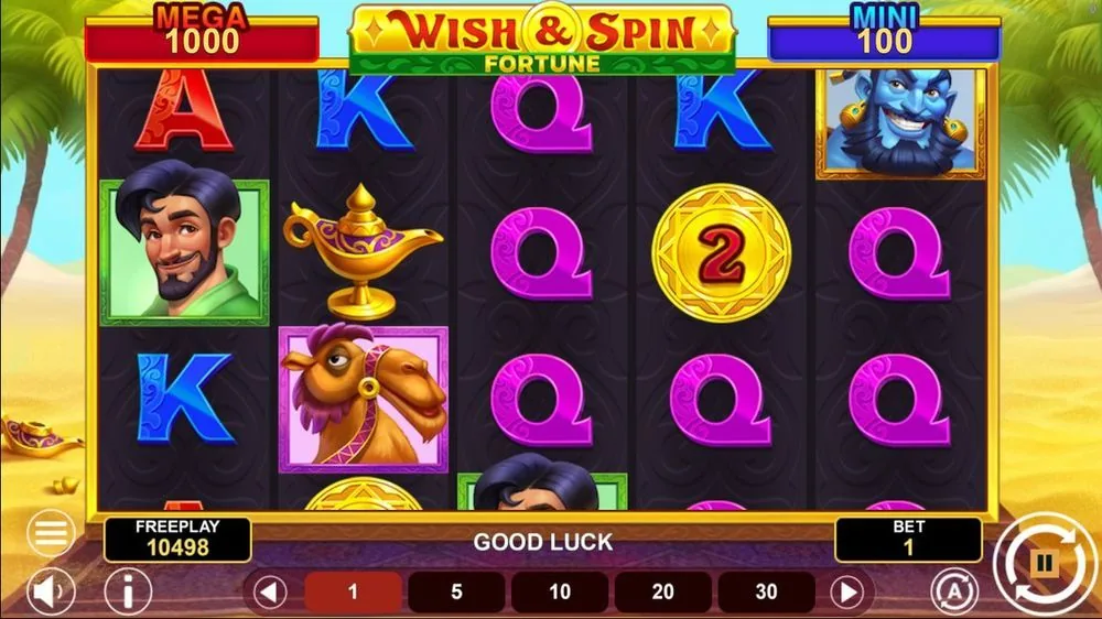 Basisspiel von Wish and Spin Fortune: 5 Walzen mit Aladdin, Kamel, Wunderlampe und blauem Dschinn, Jackpots Mega 1000 und Mini 100 oben