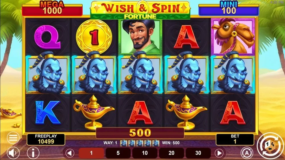 Gewinnrunde von Wish and Spin Fortune: fünf blaue Dschinns in einer Reihe, WAY 1, Gewinnanzeige 500