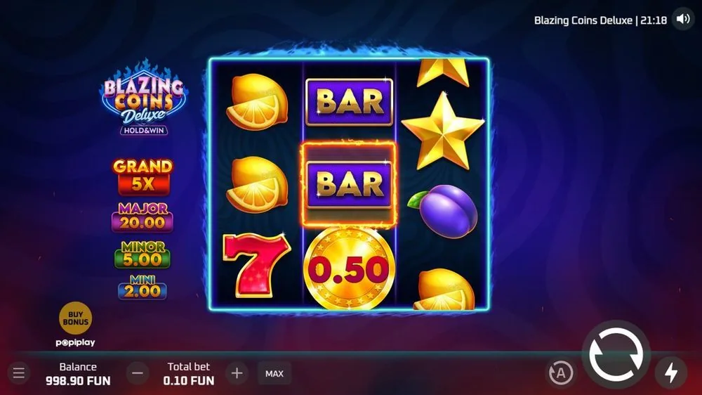 Blazing Coins Deluxe: zwei BAR-Symbole, rote Sieben und ein goldenes Münzsymbol mit 0,50 auf dem 3x3-Raster
