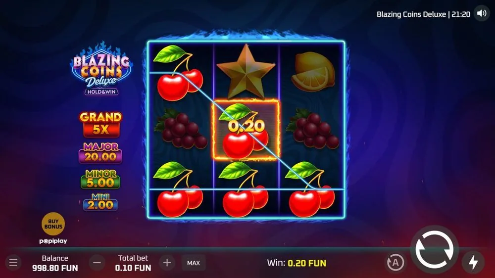 Blazing Coins Deluxe: zentrales 0,20-Münzsymbol mit Kirschsymbolen, Gewinnanzeige 0,20 FUN