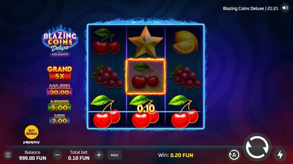 Blazing Coins Deluxe: Kirschsymbole über das Raster, zentrales 0,10-Münzsymbol, Gewinn 0,20 FUN