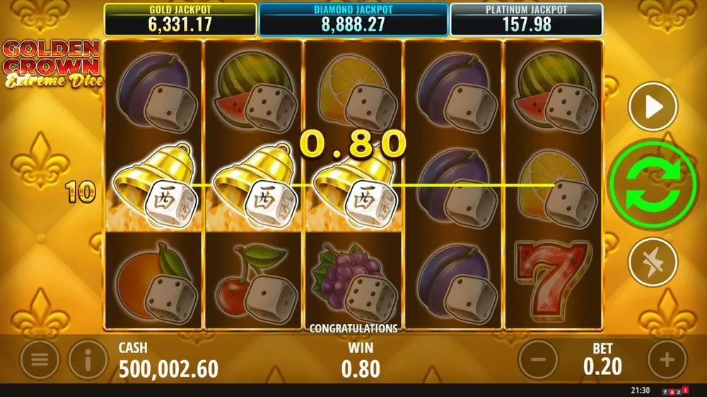Gewinn bei Golden Crown Extreme Dice: drei Glocken-Symbole auf einer Linie, Gewinn 0,80