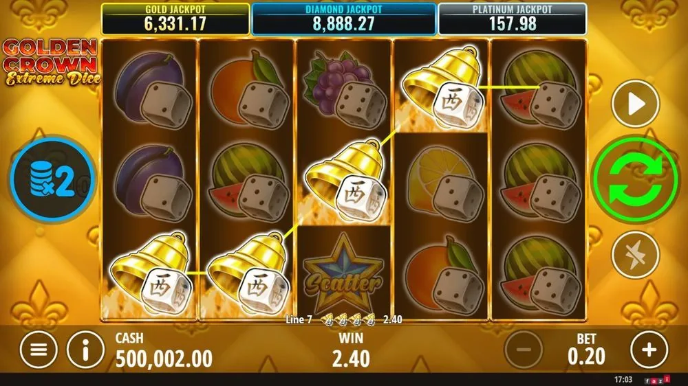 Golden Crown Extreme Dice: Scatter-Stern und x2-Multiplikator-Münze, Gewinn 2,40