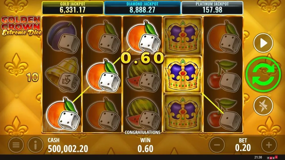 Golden Crown Extreme Dice: Kronensymbole auf Walze 4, Gewinn 0,60