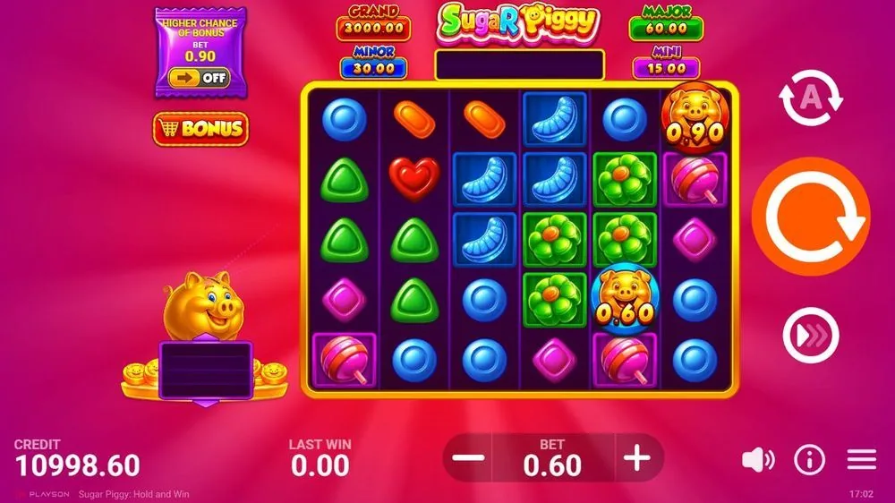 Basisspiel von Sugar Piggy: sechs Walzen mit Bonbon-Symbolen, vier Jackpot-Anzeigen und Schwein-Münzsymbol