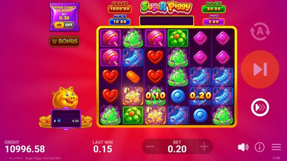 Sugar Piggy: platzende Bonbon-Symbole mit Münzwerten 0,10 und 0,20, letzter Gewinn 0,15