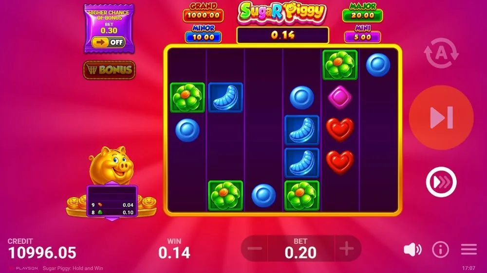 Sugar Piggy Hold and Win: Respin-Board mit geleerten Walzen und laufendem Wert 0,14