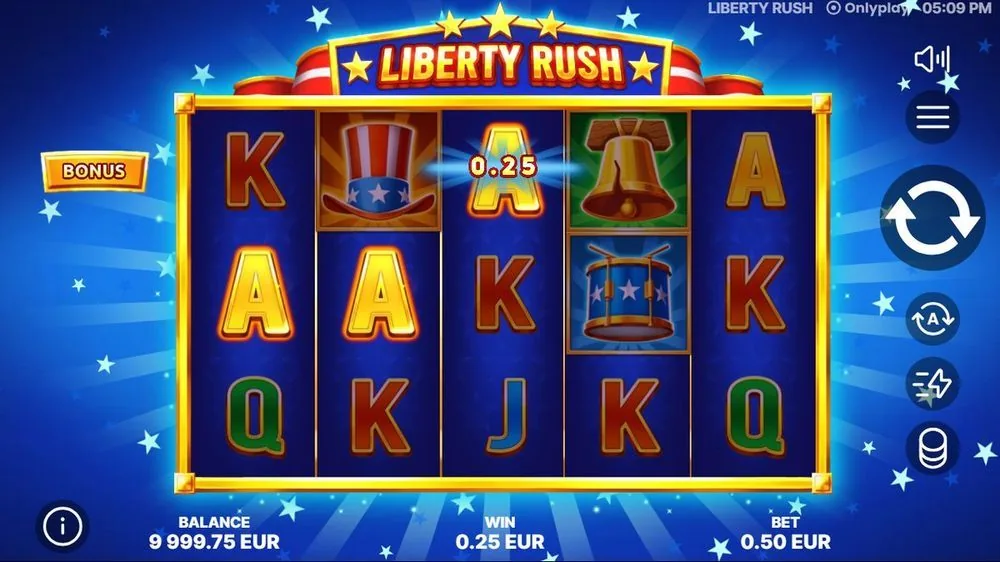 Basisspiel von Liberty Rush: 5×3-Raster mit Zylinderhut, Glocke, Trommel und Kartensymbolen, Gewinn 0,25