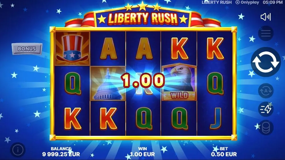 Liberty Rush: Adler-Wild-Symbol und Kapitol-Kuppel, Gewinn 1,00