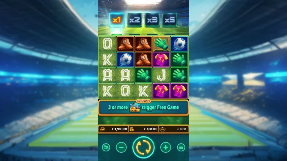 Basisspiel von Goal Go Win: Fußball-Raster mit Multiplikator-Leiter x1 bis x5, Ball, Schuhen, Torwarthandschuhen und Scatter-Banner