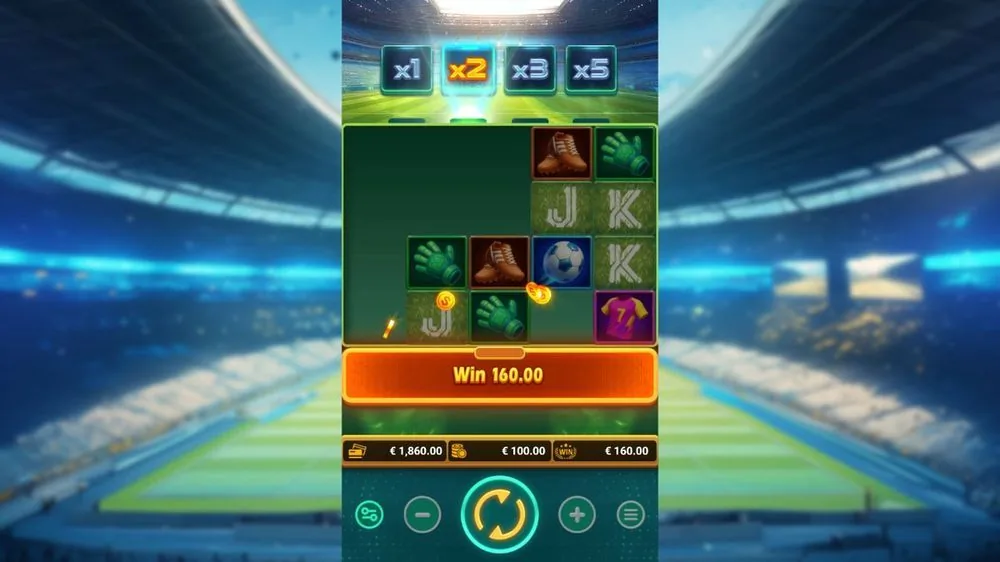 Kaskadengewinn in Goal Go Win: Multiplikator-Leiter auf x2 aktiv, Gewinnanzeige 160,00 Euro