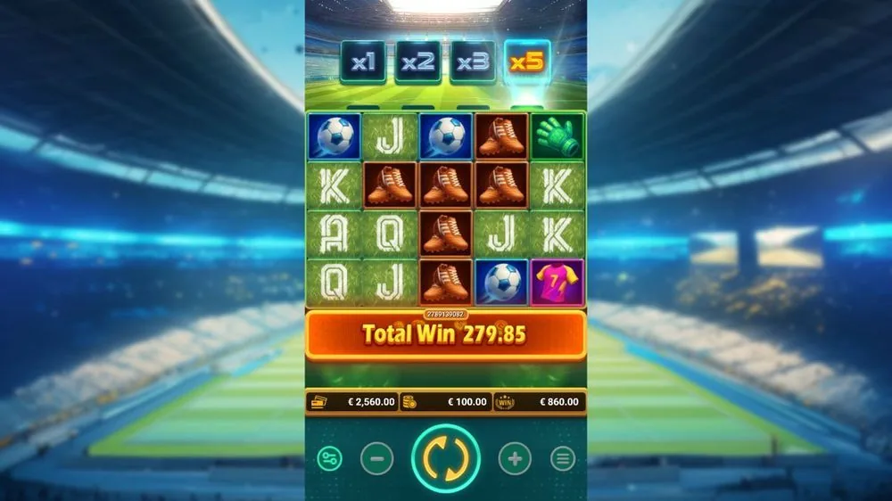 Freispiele von Goal Go Win: Multiplikator-Leiter auf x5, Raster voller Fußballschuhe, Gesamtgewinn 279,85 Euro