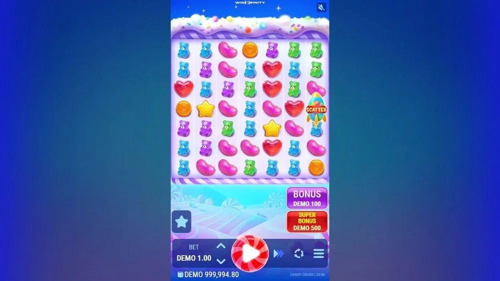 Basisspiel von Sugar Stacks 1000: 7x6-Cluster-Raster mit Gummibärchen, Herzen, Bohnen, Raketen-Scatter und Bonus-Kauf-Buttons