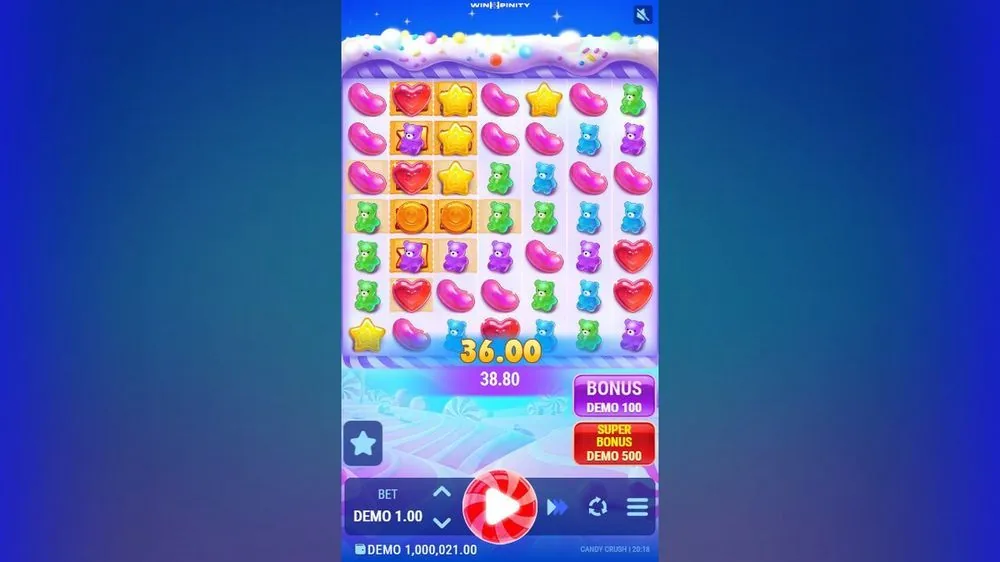 Kaskaden-Gewinn von 36,00 in Sugar Stacks 1000 mit eingerahmten Sammelfeldern und Gesamtwert 38,80