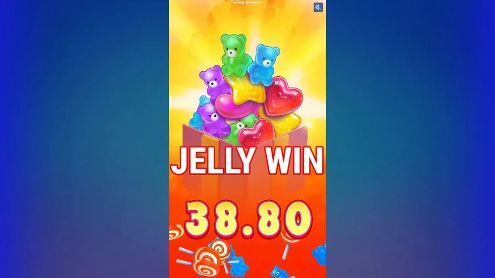 JELLY-WIN-Abschlussbildschirm von Sugar Stacks 1000 mit Gesamtgewinn 38,80 und aus einer Geschenkbox quellenden Süßigkeiten
