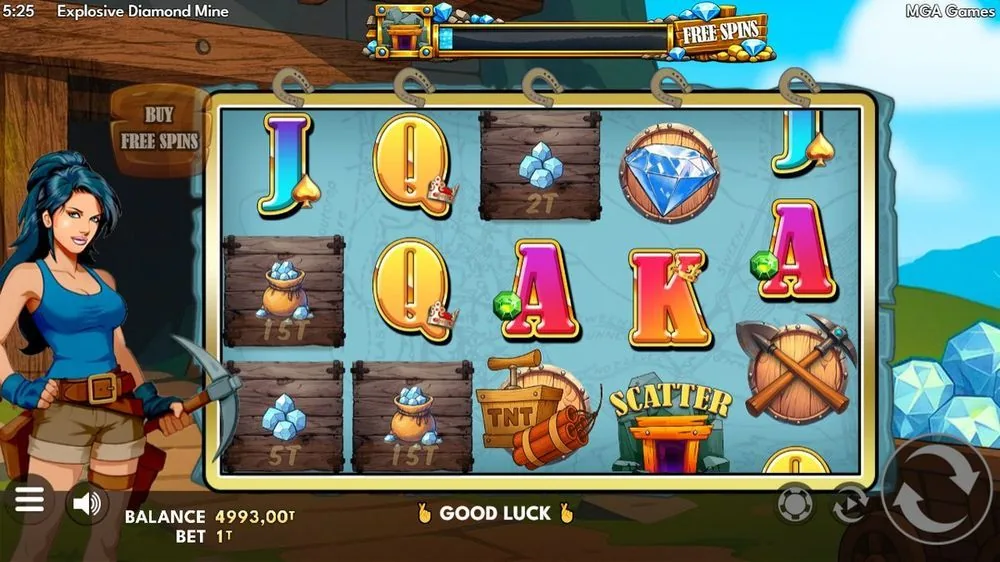 Basisspiel von Explosive Diamond Mine: 5x4-Minen-Raster mit Bergarbeiterin, Diamant, TNT, Spitzhacken, Karten-Royals und Wertekisten