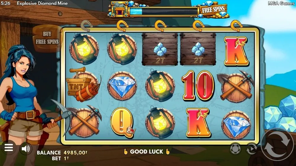 Explosive Diamond Mine mit mehreren Laternen-Sammelsymbolen auf den Walzen und aufladender Free-Spins-Energieleiste