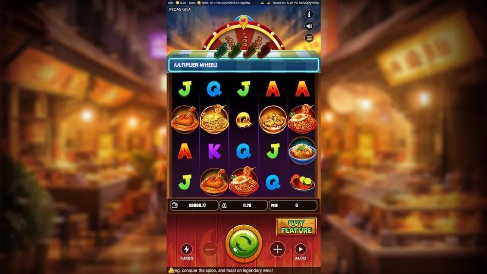 Basisspiel von Spicy Gila: Streetfood-Slot mit Nudel- und Currygerichten, Multiplikator-Rad mit Chilischoten über dem Raster, Buy-Feature-Knopf