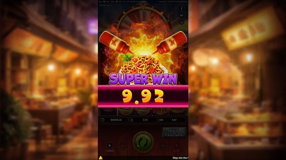 SUPER-WIN-Bildschirm von Spicy Gila mit Anzeige 9,92, zwei Chili-Saucenflaschen über einer brennenden Nudelschale