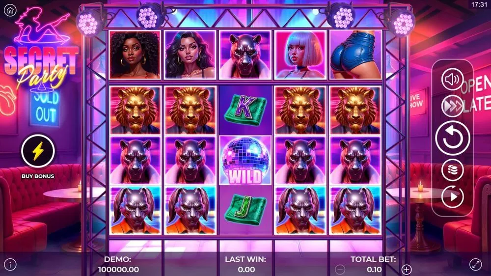 Basisspiel von Secret Party: Nachtclub-Slot in Neon-Pink mit Party-Gästen, maskierten Tier-Figuren und einer Discokugel als Wild-Symbol