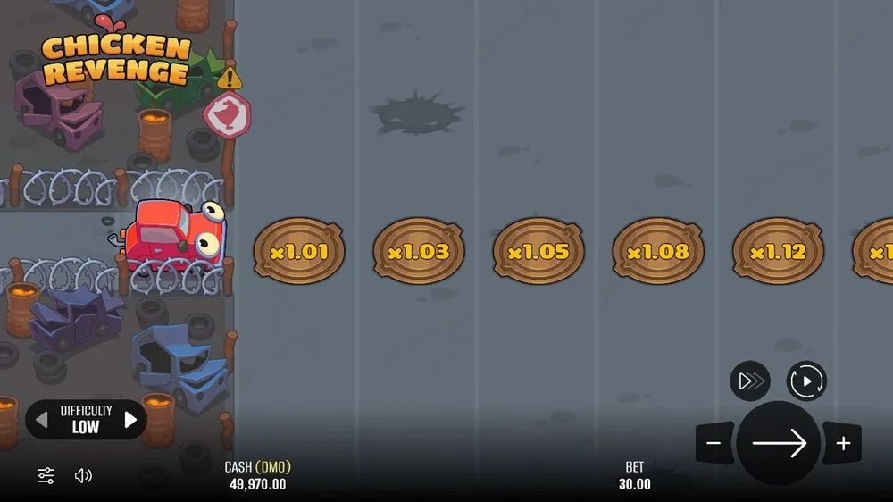 Chicken Revenge Basisrunde: rotes Auto in einer Schrottplatz-Bahn mit Multiplikator-Plaketten von x1,01 bis x1,12, Schwierigkeit LOW, Einsatz 30,00