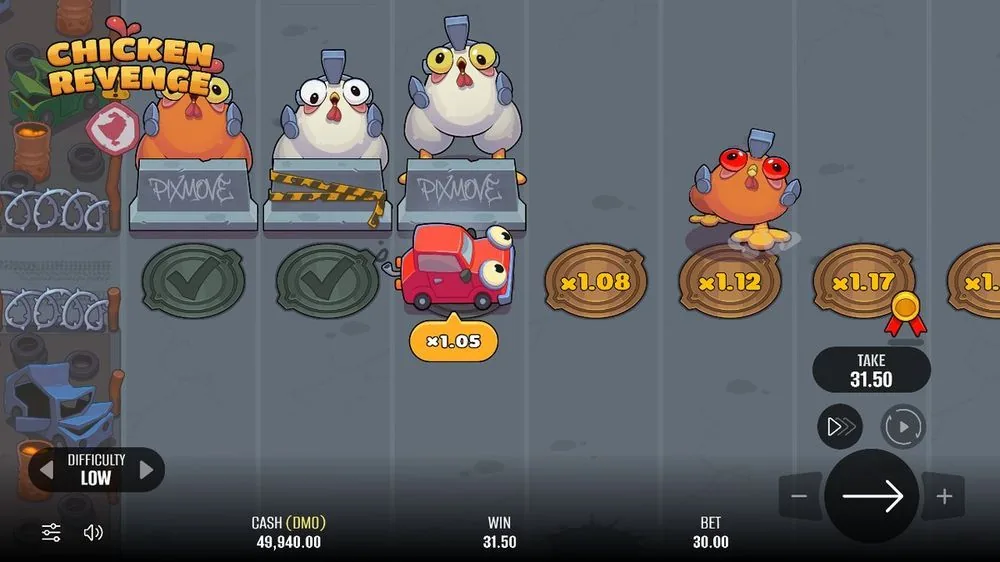 Chicken Revenge im Gewinnmoment: Auto auf x1,05-Plakette, grüne Haken auf abgeschlossenen Bahnen, TAKE 31,50, Gewinn 31,50 bei Einsatz 30,00, Cartoon-Hühner auf Barrieren