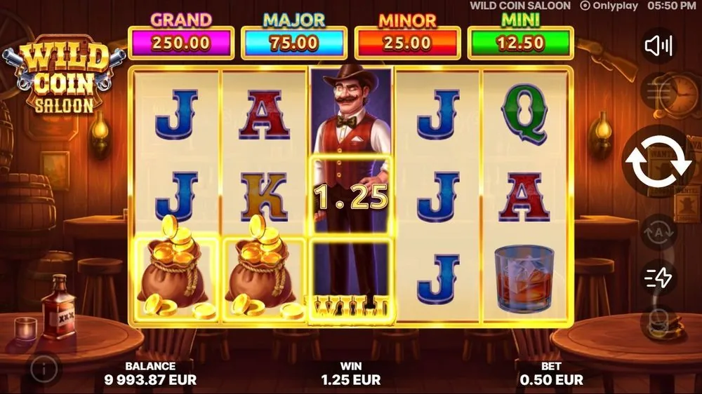 Wild Coin Saloon: erweiterter Saloon-Mann-Wild auf der mittleren Walze mit 1,25 Euro Gewinn, zwei Geldsäcke unten links, Jackpot-Leiter oben