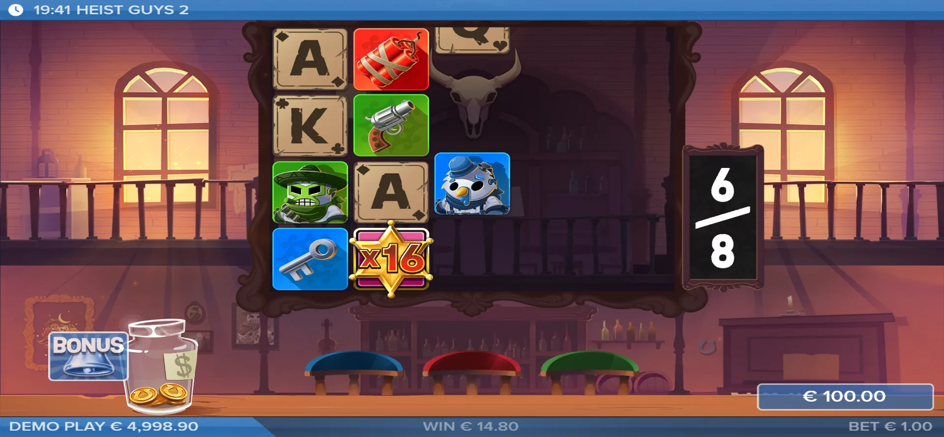 Freispiele von Heist Guys 2 in Gang: Spielzähler 6 von 8, ein Super-Wild trägt einen x16-Multiplikator, Gewinn 14,80 Euro